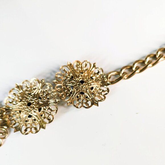 Vintage Gold-Tone Filigree Statement Necklace With Black Marbled Cabochons - Picture 4 of 5